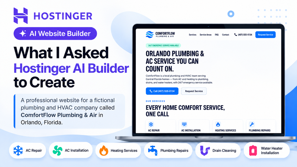 Hostinger AI Website Builder test for a fictional ComfortFlow Plumbing & Air website