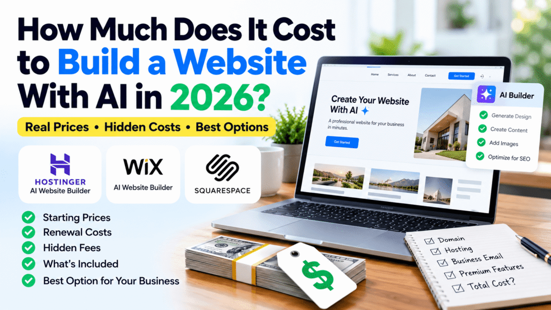 Illustration comparing AI website builder costs and pricing in 2026