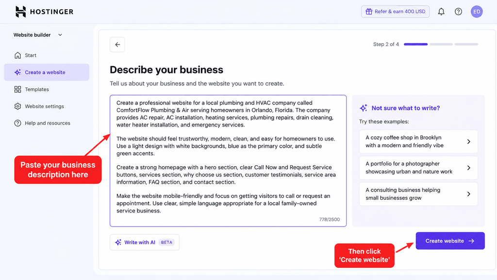 Illustration of an AI website builder interface showing a small-business website being created.