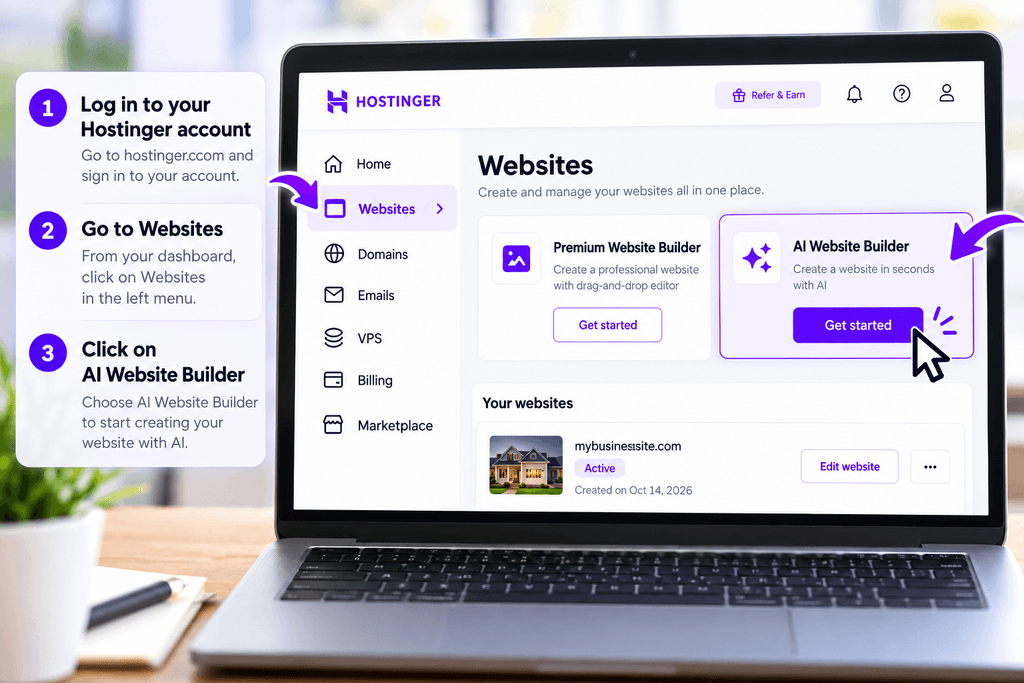 Hostinger AI Website Builder setup screen for creating a small business website